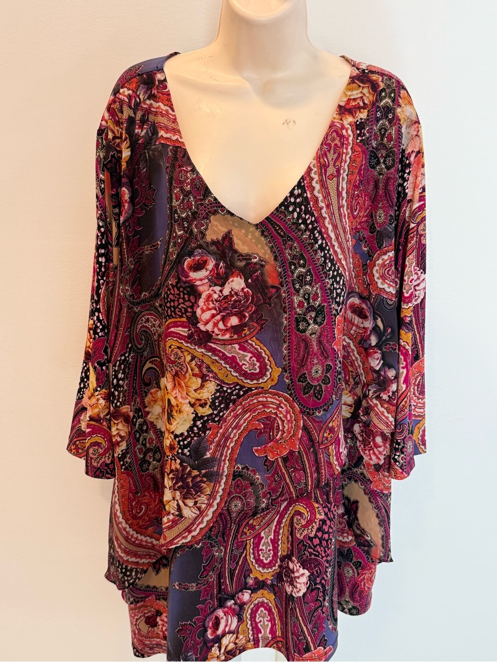 Susan Graver Paisley Floral V-Neck Tunic Burgund Pink Yellow Top Women Size 2X